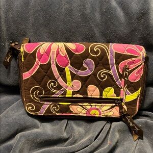 Vera Bradley Brown Quilted Wallet with Pink & Lime Floral Design